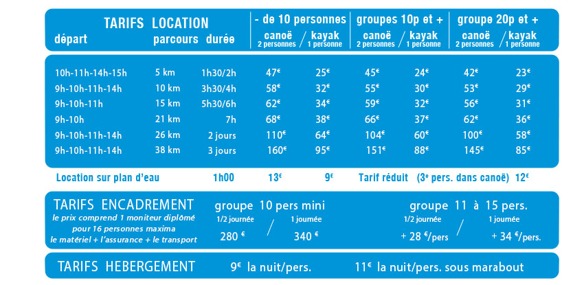 Tarifs canoe tarassac 2026